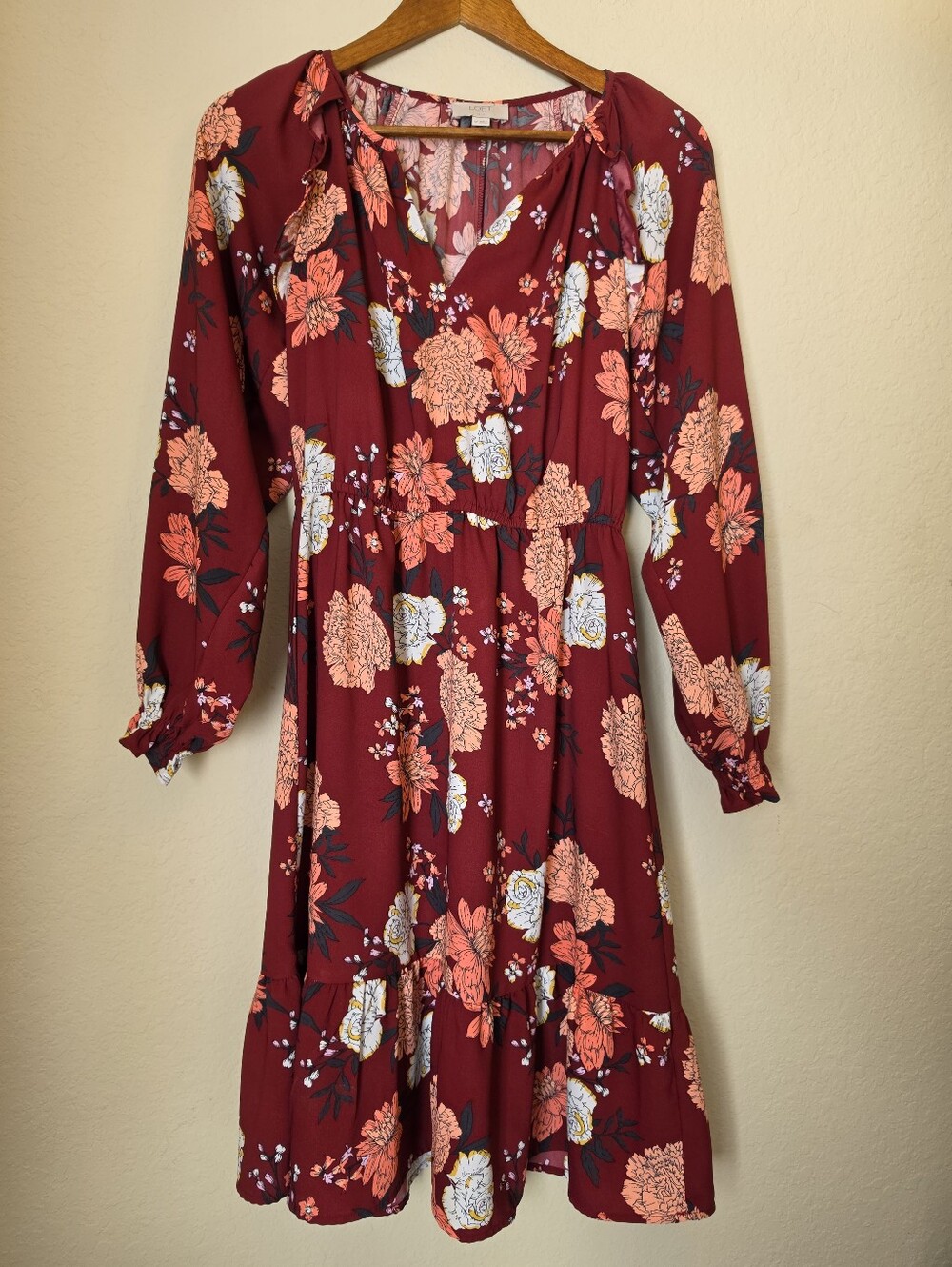 Loft Outlet Mini Ruffle Peasant Dress Womens Size 4P Red Pink Floral Boho Chic